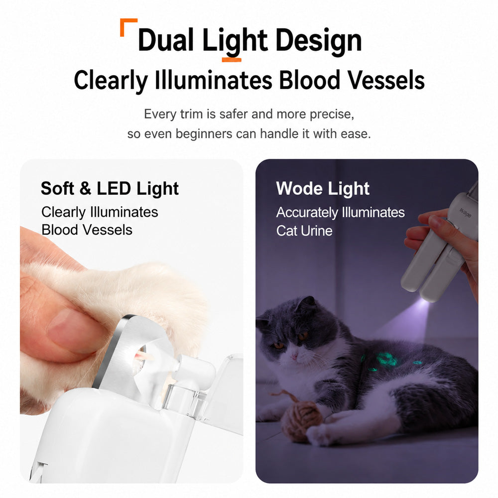 All-Day Pet Nail Trimmer – Dual-Light, Sharp Carbon Steel Blade with Adjustable Guard & Anti-Splash Cover for Cats & Dogs