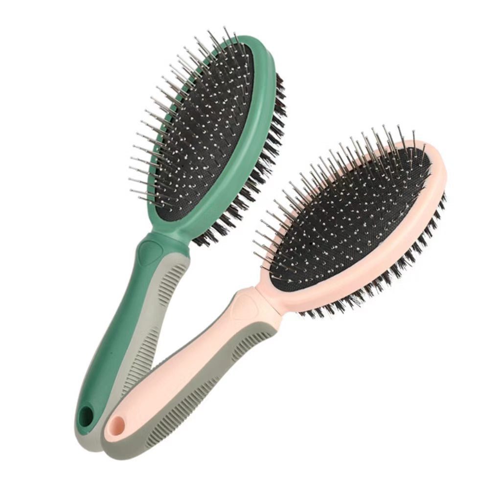 Pet brush (double-sided massage brush for dogs, cat brush, pig hair fur remover brush, cat grooming needle brush, pet supplies)