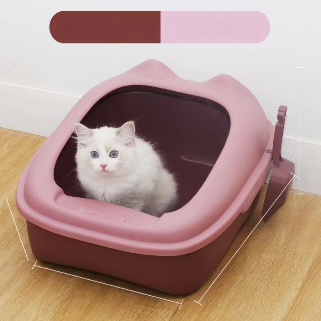 Semi-enclosed curled-tail litter box, cat toilet, pet accessory with high edges to prevent splashing, large size, comes with a litter scoop.