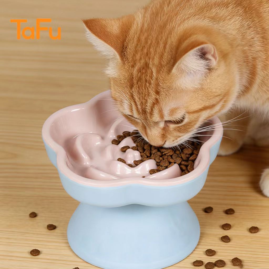 Pink-blue colored high-petal pet slow-feeding bowl (elevated foot, melamine material) – pet anti-choking feeding bowl (wholesale)