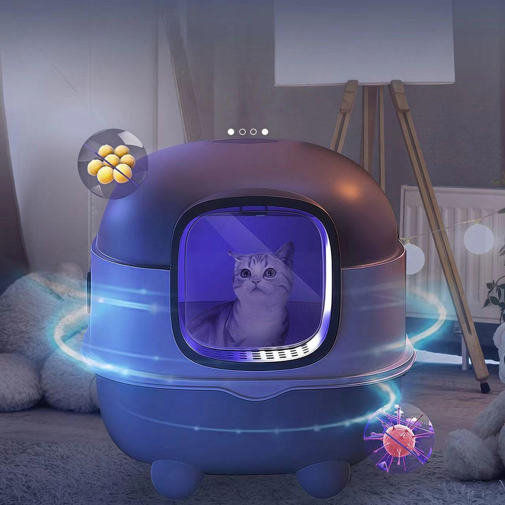Extra-large cat litter box with UV sterilization, fully enclosed design to prevent external splashing and odor leakage – a large-sized pet cat toilet with a sealed structure.