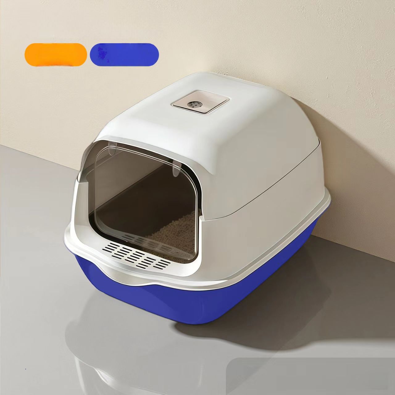 Extra-large cat litter box with UV sterilization, fully enclosed design to prevent external splashing and odor leakage – a large-sized pet cat toilet with a sealed structure.