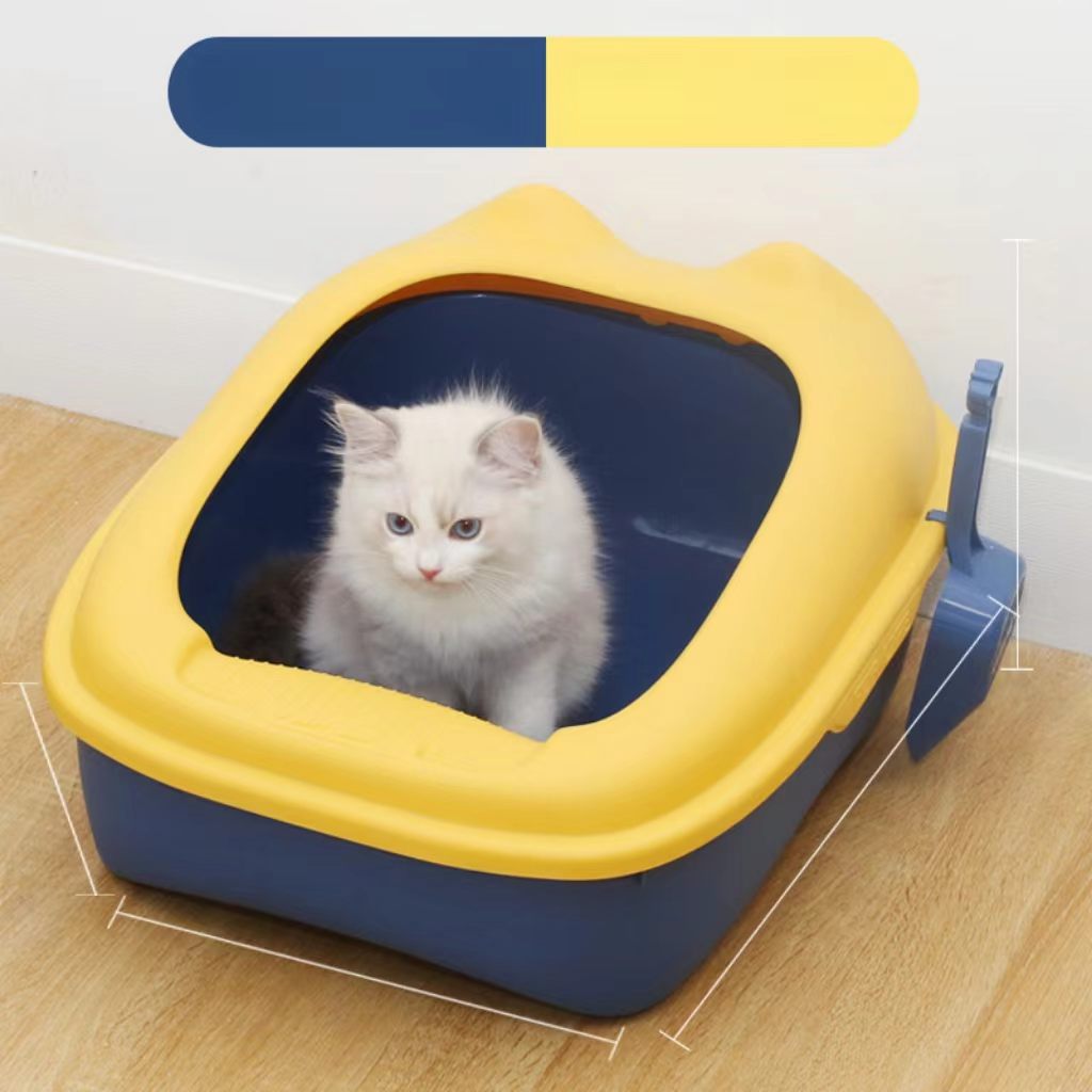 Semi-enclosed curled-tail litter box, cat toilet, pet accessory with high edges to prevent splashing, large size, comes with a litter scoop.