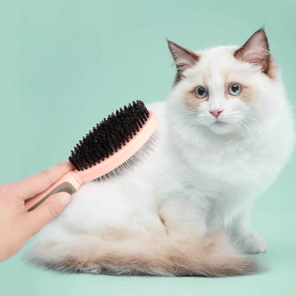 Pet brush (double-sided massage brush for dogs, cat brush, pig hair fur remover brush, cat grooming needle brush, pet supplies)