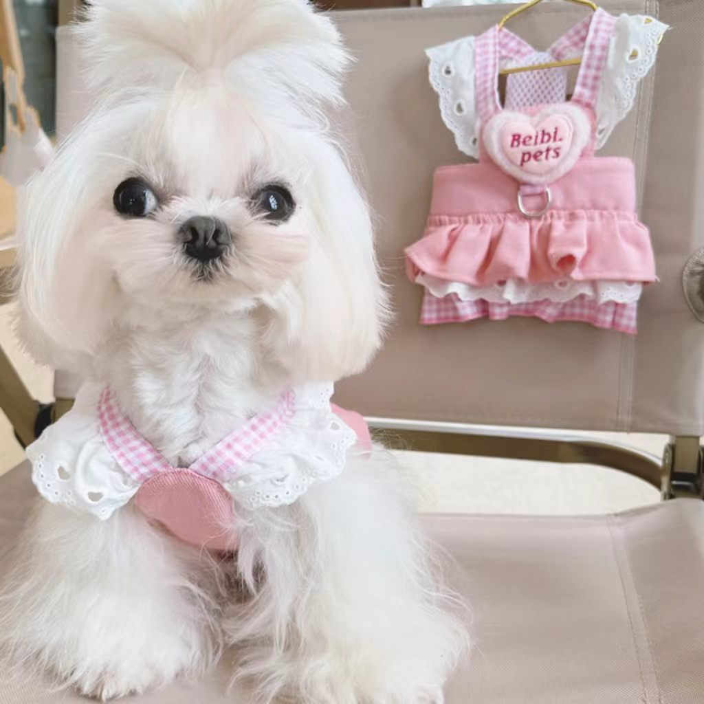 Lightweight pet cat/dog clothing – denim harness skirt, princess-style, suitable for small juvenile puppies (Teddy, Pomeranian, Bichon) – spring/summer outfit.