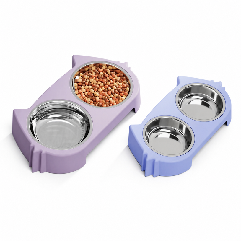 Dual-bowl cat food feeder, dog bowl, pet feeding dish – cute, non-tip, all-in-one water drinking and feeding bowl for cats, made of stainless steel.