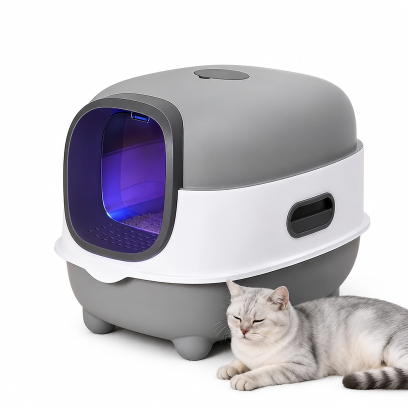 Extra-large cat litter box with UV sterilization, fully enclosed design to prevent external splashing and odor leakage – a large-sized pet cat toilet with a sealed structure.