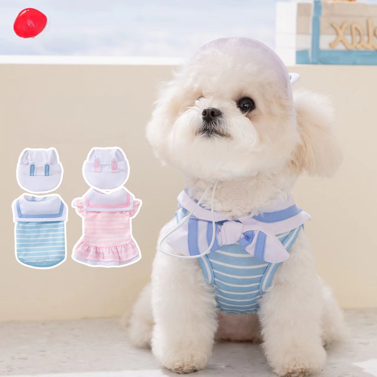 Lightweight, breathable pet clothing for spring and summer, featuring a naval-style collar and two-leg vest, in a collegiate style suitable for small-sized Pomeranian dogs.