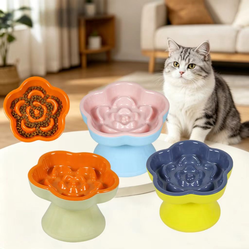 Pink-blue colored high-petal pet slow-feeding bowl (elevated foot, melamine material) – pet anti-choking feeding bowl (wholesale)