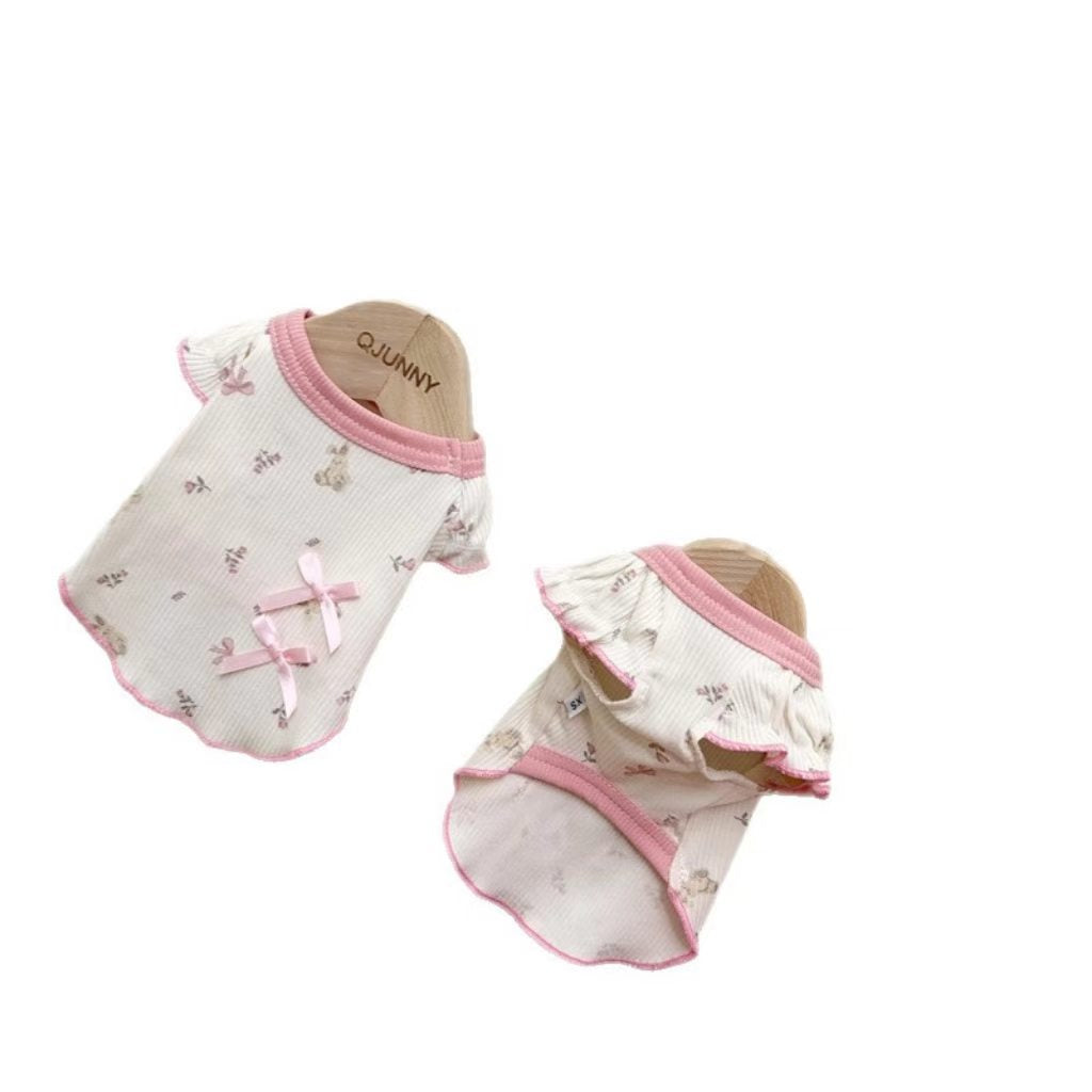 Spring and summer pet dog and cat air-conditioned home wear vest/T-shirt to prevent shedding, bubble sleeves, cotton base layer.