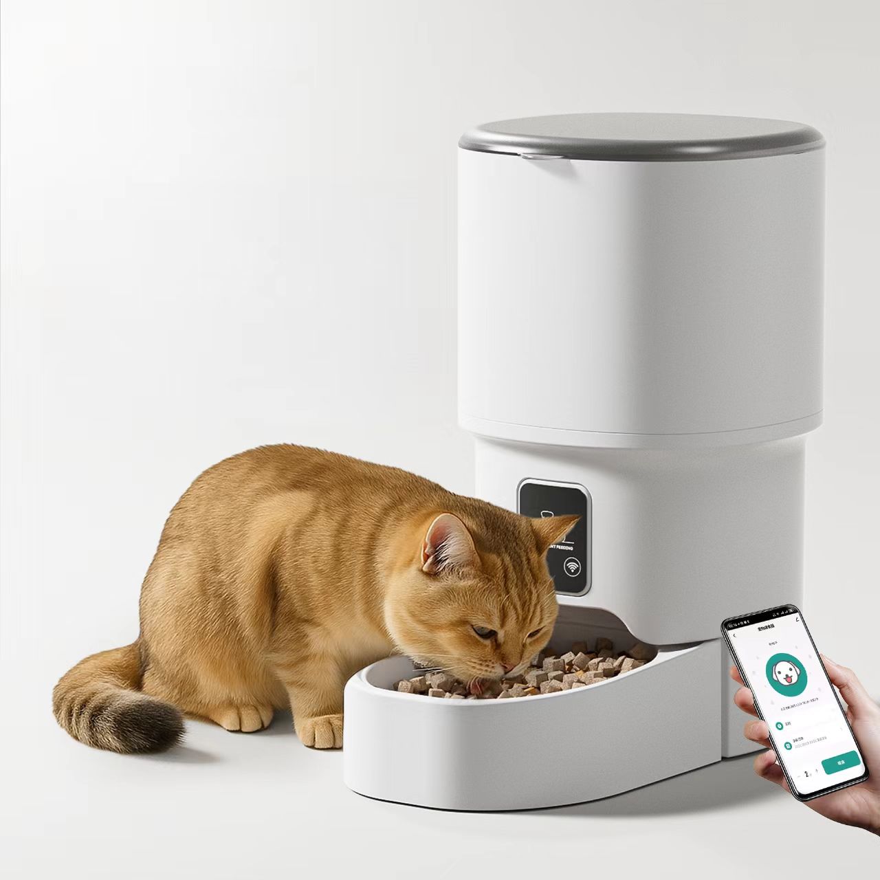 Pet automatic feeder, mobile phone/WiFi/Bluetooth timer control, smart feeding device with grain dispensing function, suitable for cats and other pets.