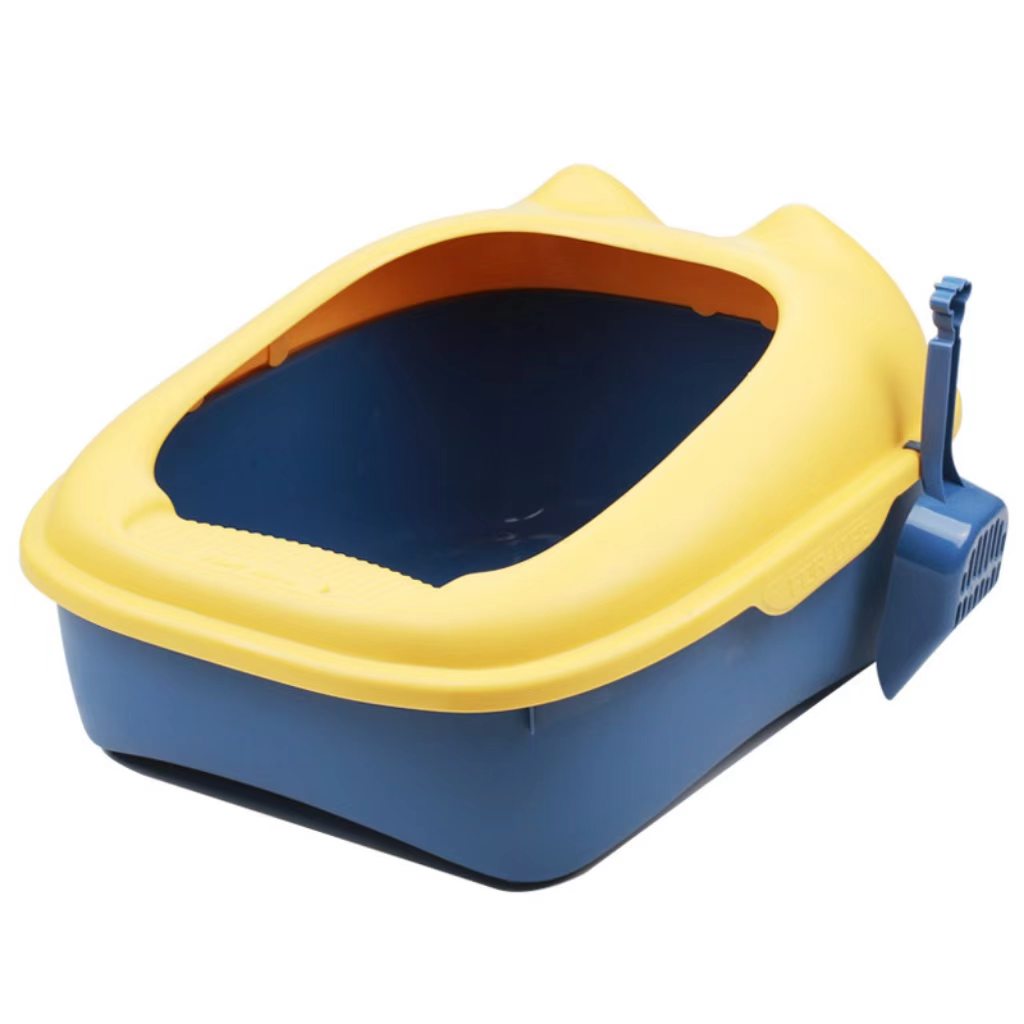 Semi-enclosed curled-tail litter box, cat toilet, pet accessory with high edges to prevent splashing, large size, comes with a litter scoop.