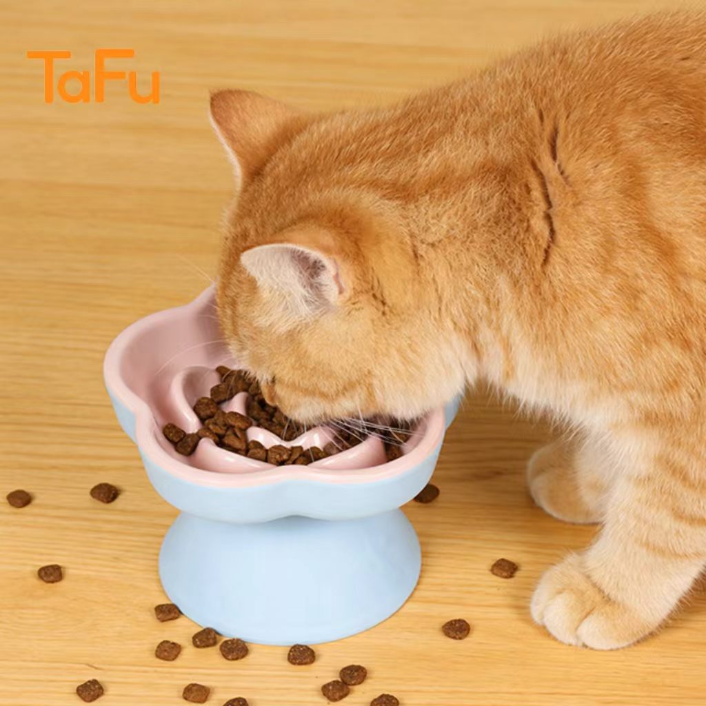 Pink-blue colored high-petal pet slow-feeding bowl (elevated foot, melamine material) – pet anti-choking feeding bowl (wholesale)