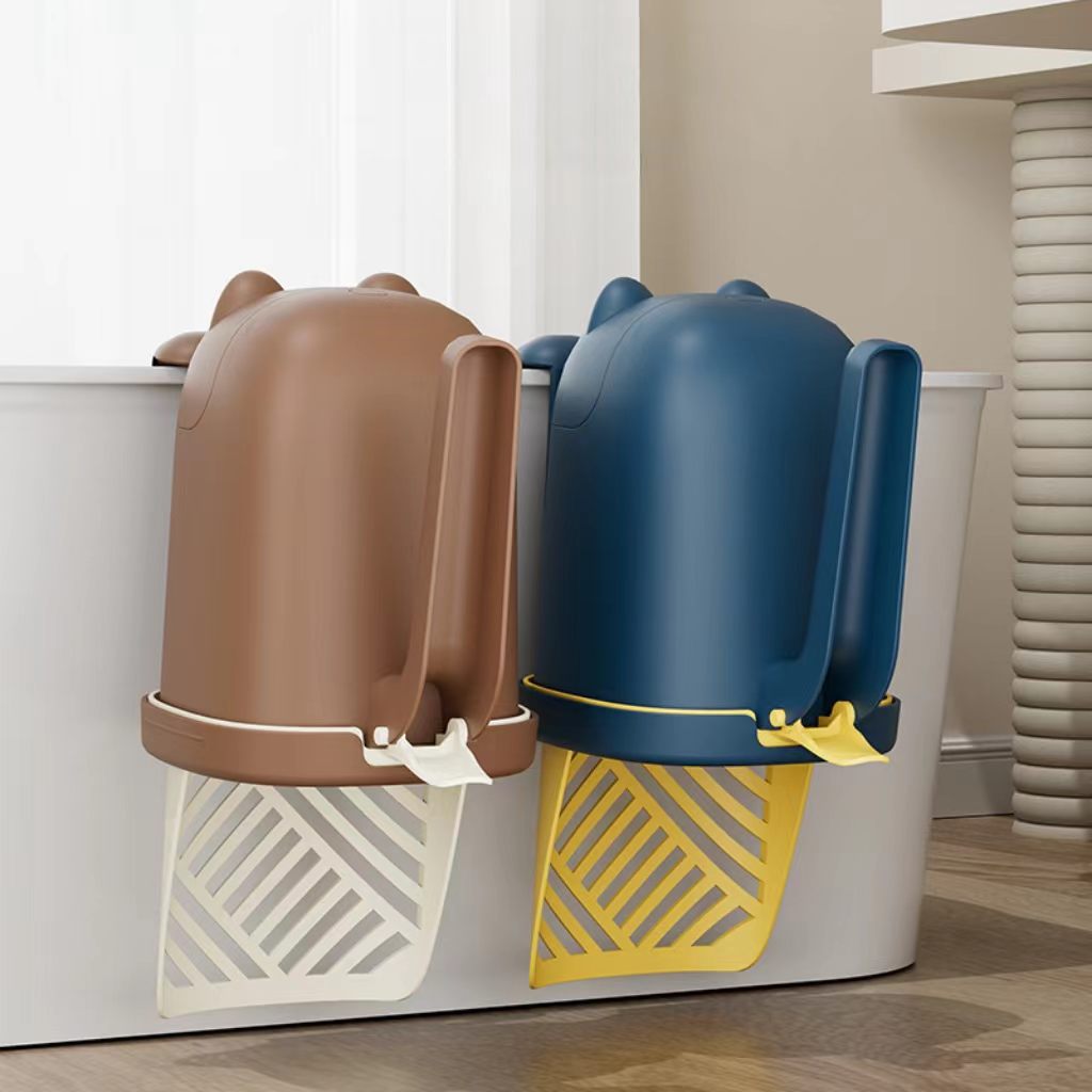 Integrated cat litter scoop with a built-in trash bin – a two-in-one, large-capacity cat waste cleaning tool for pet cats.