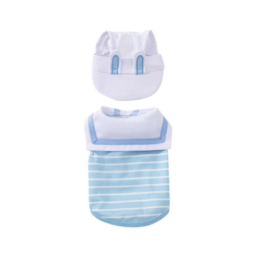 Lightweight, breathable pet clothing for spring and summer, featuring a naval-style collar and two-leg vest, in a collegiate style suitable for small-sized Pomeranian dogs.