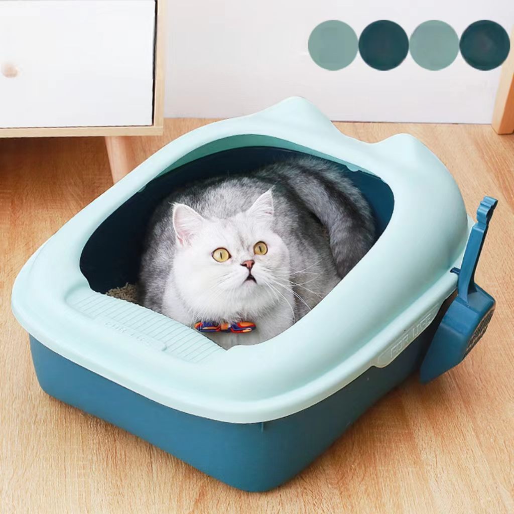 Semi-enclosed curled-tail litter box, cat toilet, pet accessory with high edges to prevent splashing, large size, comes with a litter scoop.