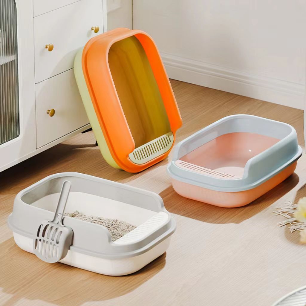Semi-enclosed large-sized cat litter box (with enhanced thickness to prevent spillage), cat toilet, cat litter pet supplies (wholesale), cat sand tray with scoop included.