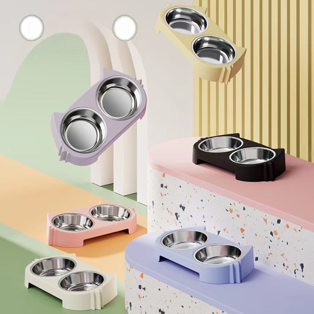 Dual-bowl cat food feeder, dog bowl, pet feeding dish – cute, non-tip, all-in-one water drinking and feeding bowl for cats, made of stainless steel.
