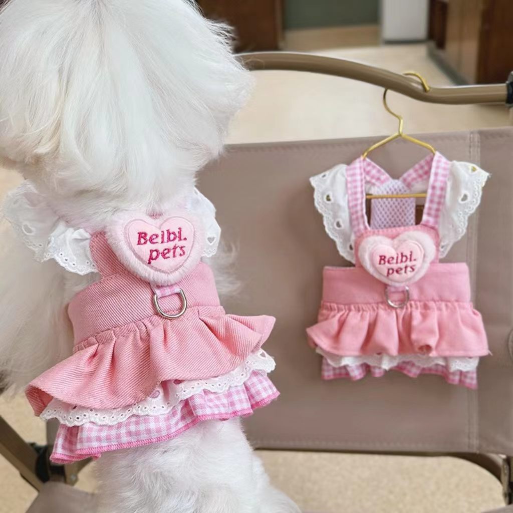 Lightweight pet cat/dog clothing – denim harness skirt, princess-style, suitable for small juvenile puppies (Teddy, Pomeranian, Bichon) – spring/summer outfit.