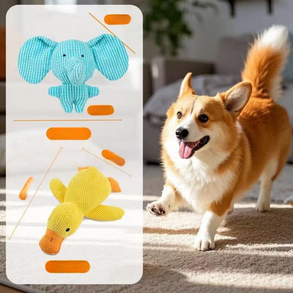 A squeaky duck-shaped dog toy for bedtime companionship, teething relief, and entertainment – suitable for small, medium, and large dog breeds, as well as young puppies.