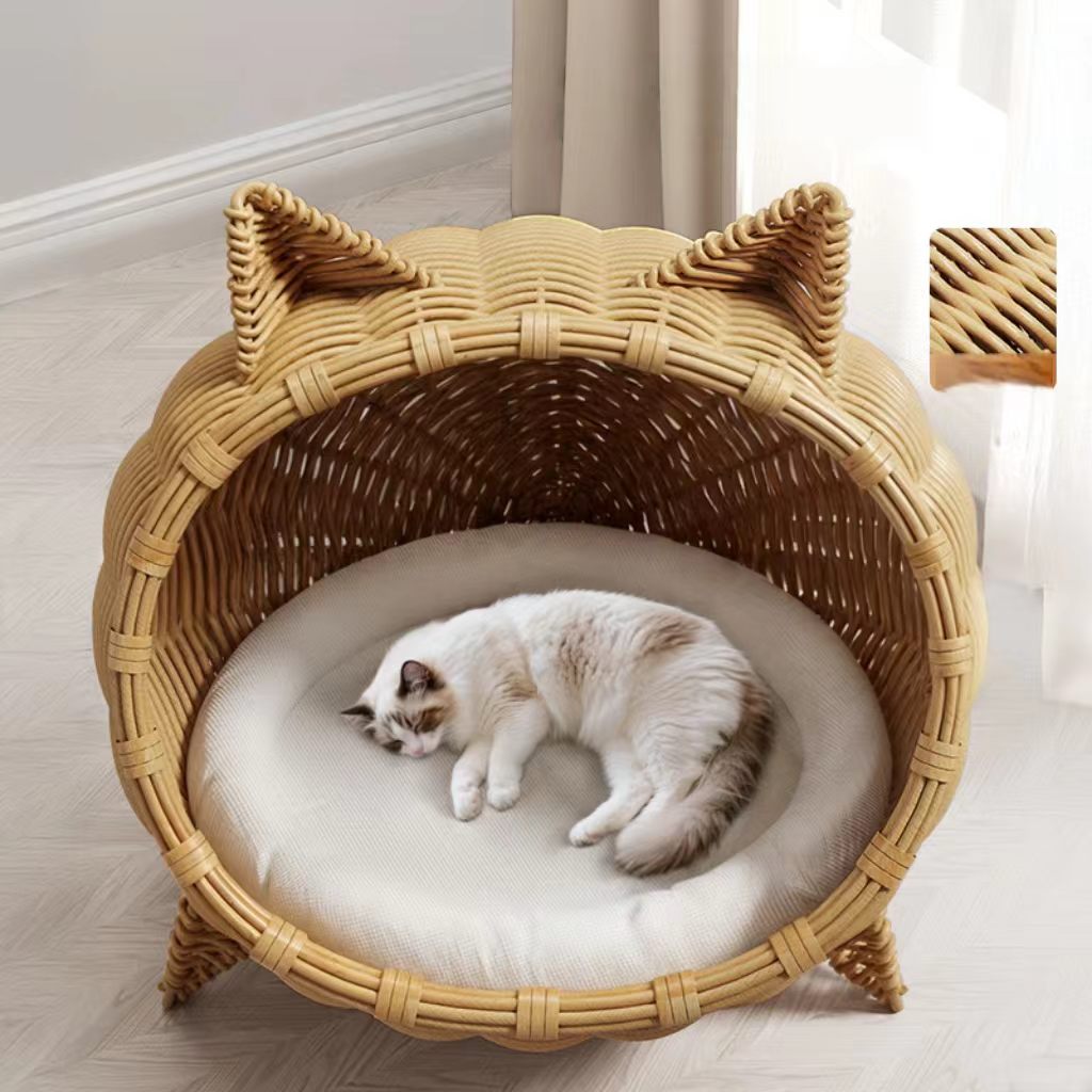 A four-season, semi-enclosed cat house – a summer bed for a villa, a safe pet shelter for cats, a bamboo-weaved cool resting place for felines.