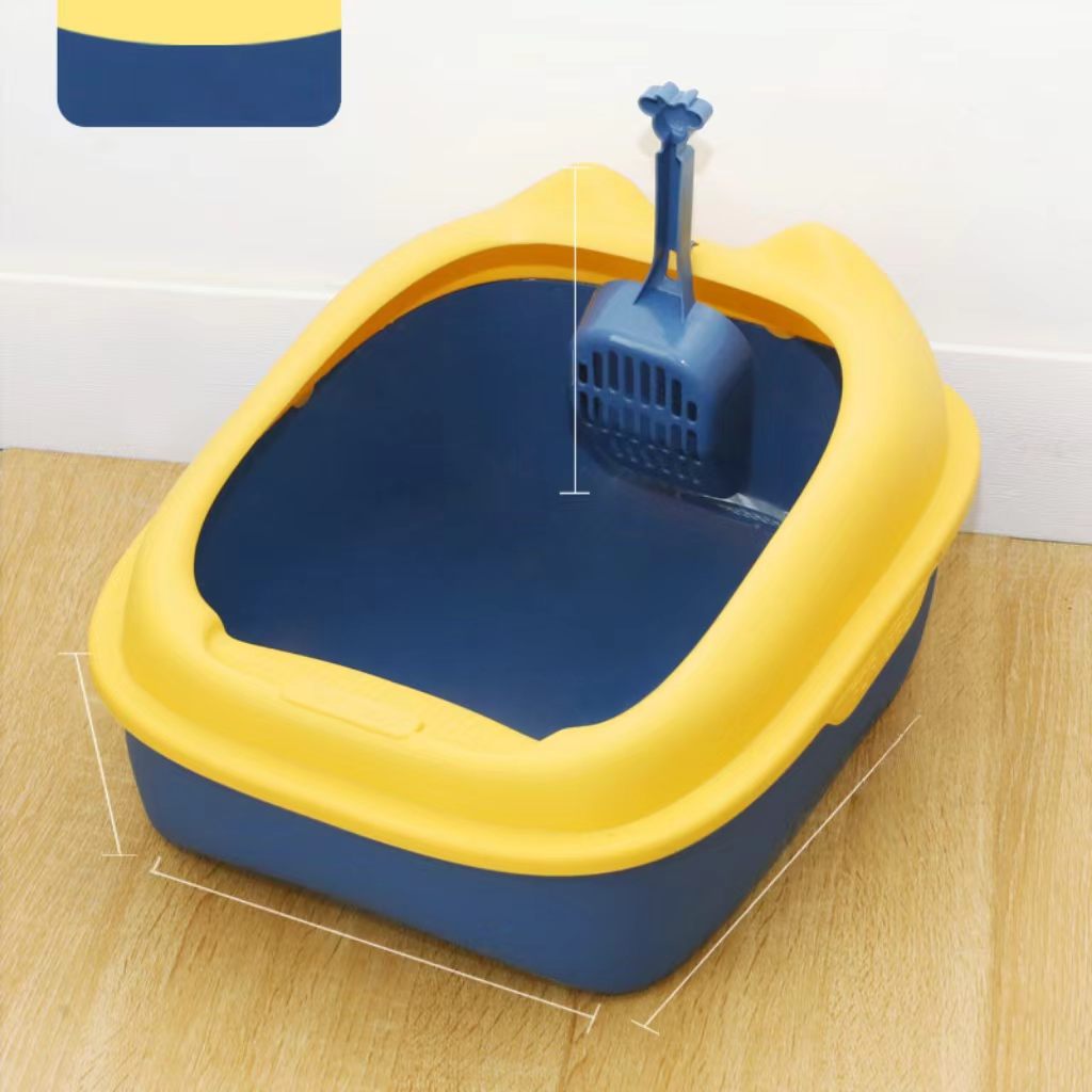 Semi-enclosed curled-tail litter box, cat toilet, pet accessory with high edges to prevent splashing, large size, comes with a litter scoop.