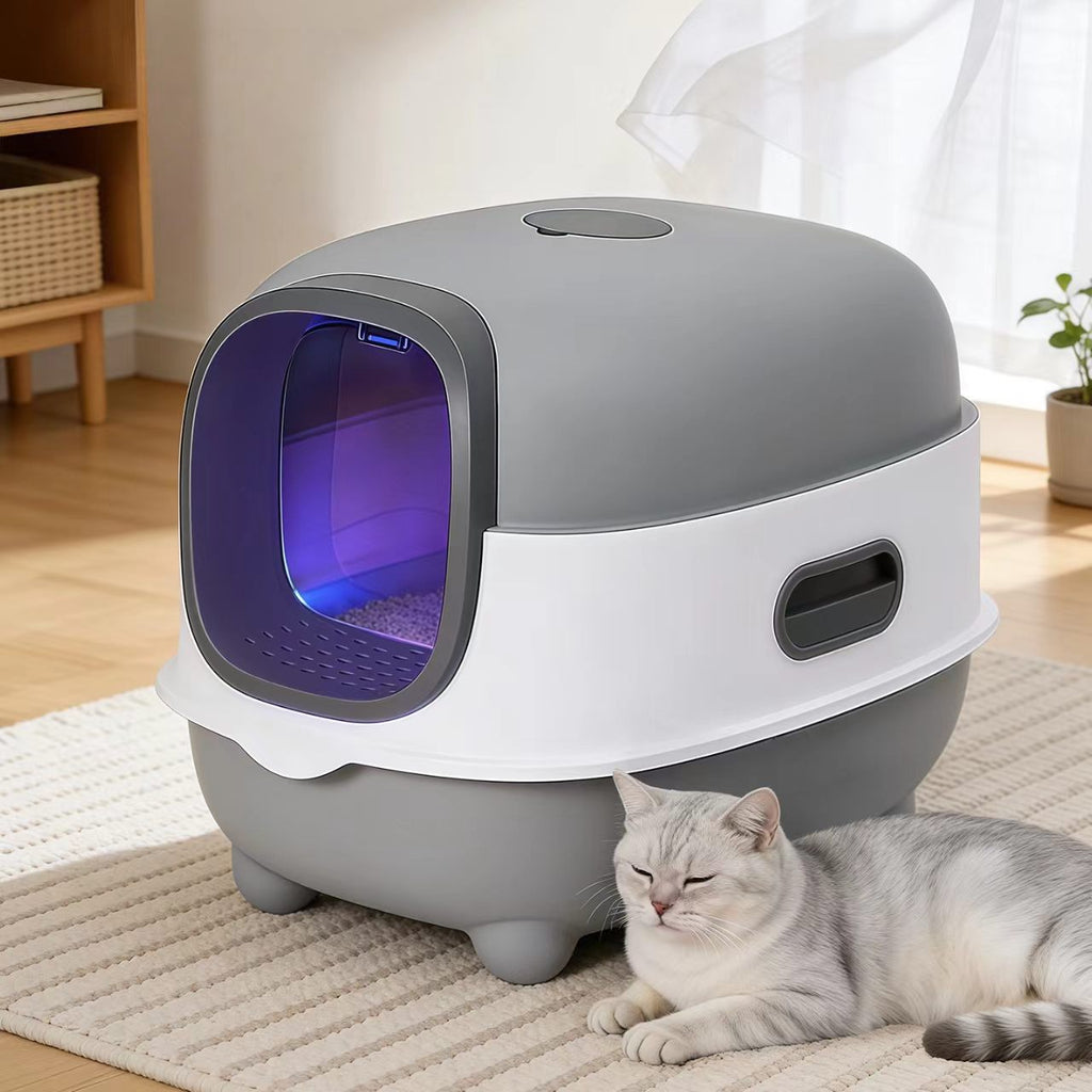 Extra-large cat litter box with UV sterilization, fully enclosed design to prevent external splashing and odor leakage – a large-sized pet cat toilet with a sealed structure.