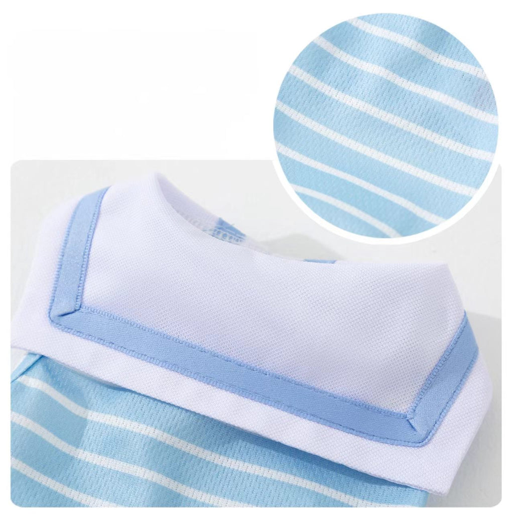 Lightweight, breathable pet clothing for spring and summer, featuring a naval-style collar and two-leg vest, in a collegiate style suitable for small-sized Pomeranian dogs.
