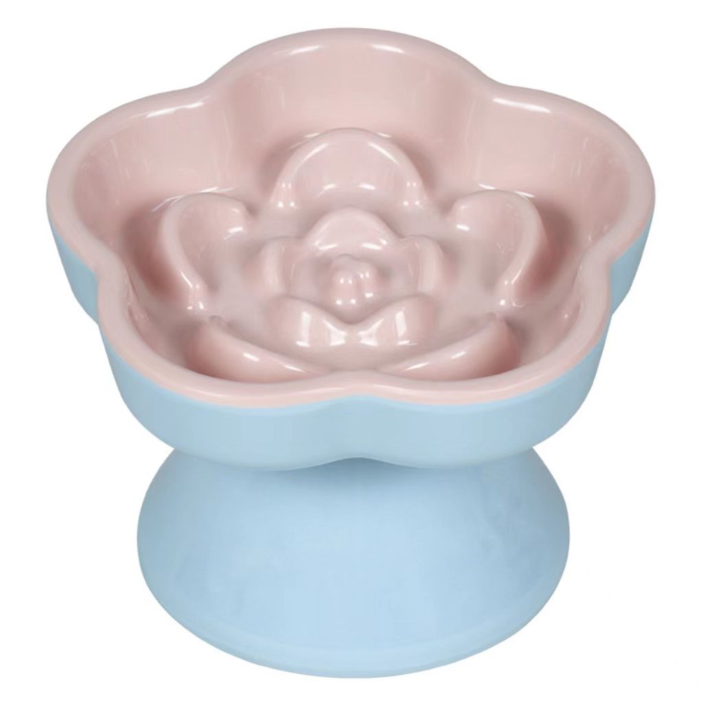 Pink-blue colored high-petal pet slow-feeding bowl (elevated foot, melamine material) – pet anti-choking feeding bowl (wholesale)