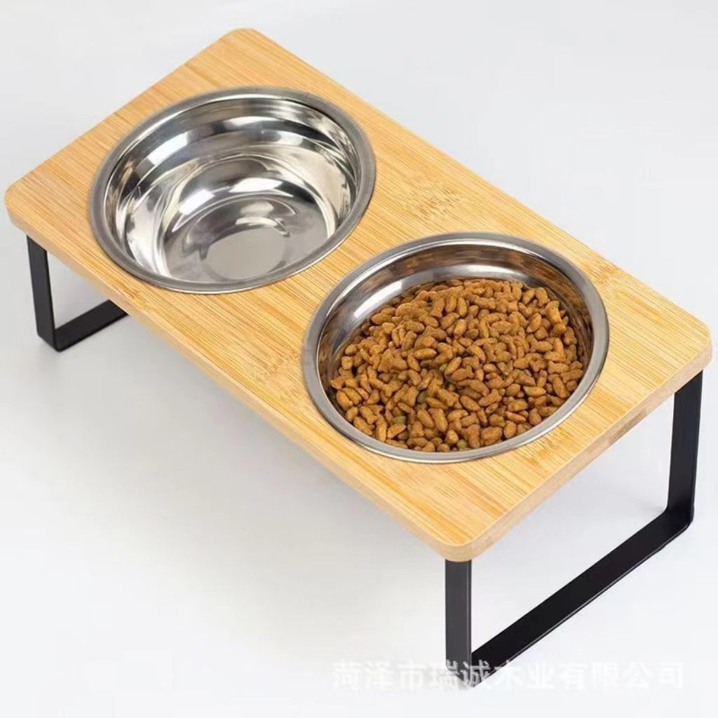 A detachable and adjustable wooden pet cat bowl stand, suitable for dogs’ bowl rack, wooden cat litter box stand, dog bowl with dual bowls, anti-toppling.