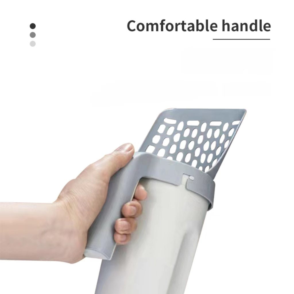 Integrated cat litter scoop with a built-in trash bin – a two-in-one, large-capacity cat waste cleaning tool for pet cats.