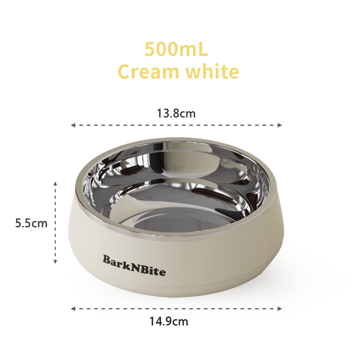 500mL Cream White Stainless Steel Pet Bowl – Anti-Slip & Tip-Resistant Dog & Cat Food/Water Bowl for Small to Medium Pets