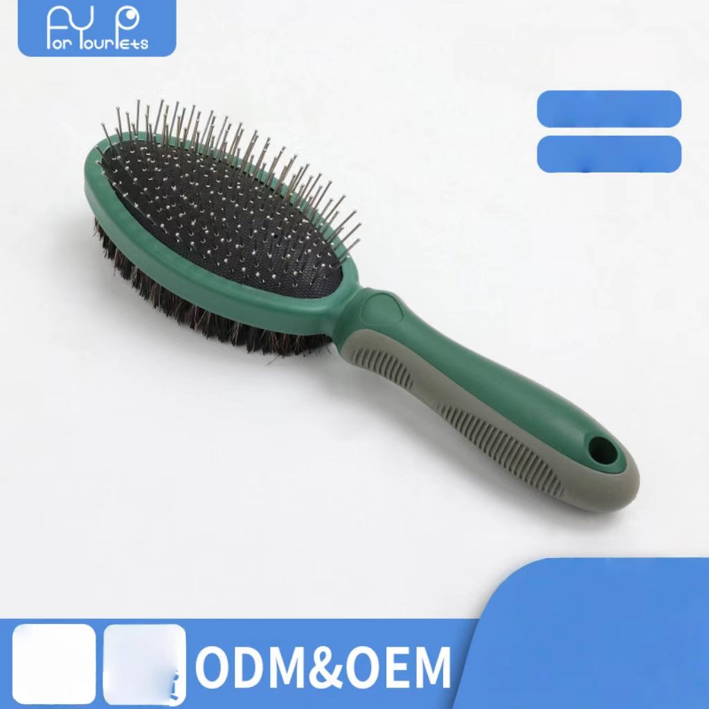 Pet brush (double-sided massage brush for dogs, cat brush, pig hair fur remover brush, cat grooming needle brush, pet supplies)