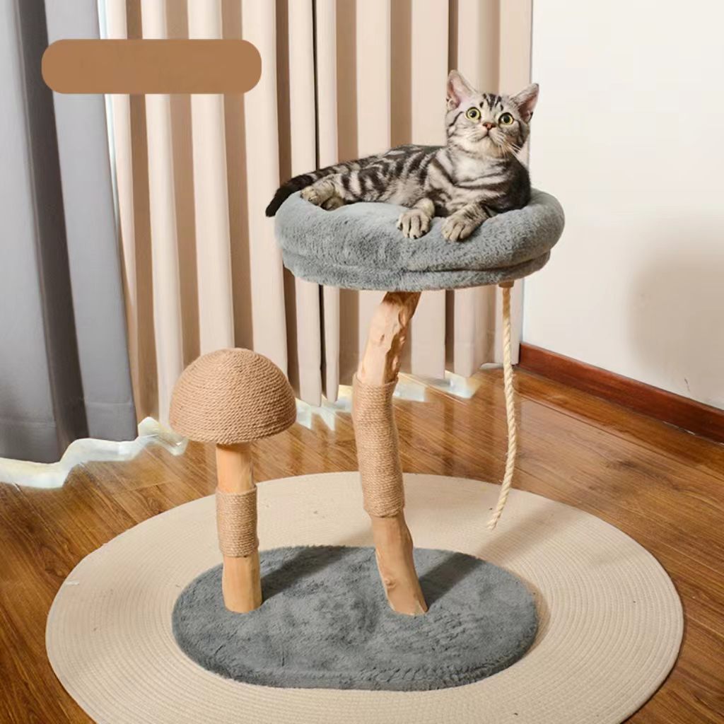 Integrated cat climbing frame and cat nest made of natural solid wood, compact size, suitable for small cats, wholesale custom-made cat trees and cat jumping platforms.