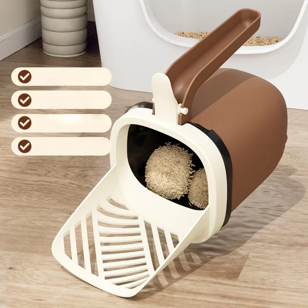 Integrated cat litter scoop with a built-in trash bin – a two-in-one, large-capacity cat waste cleaning tool for pet cats.