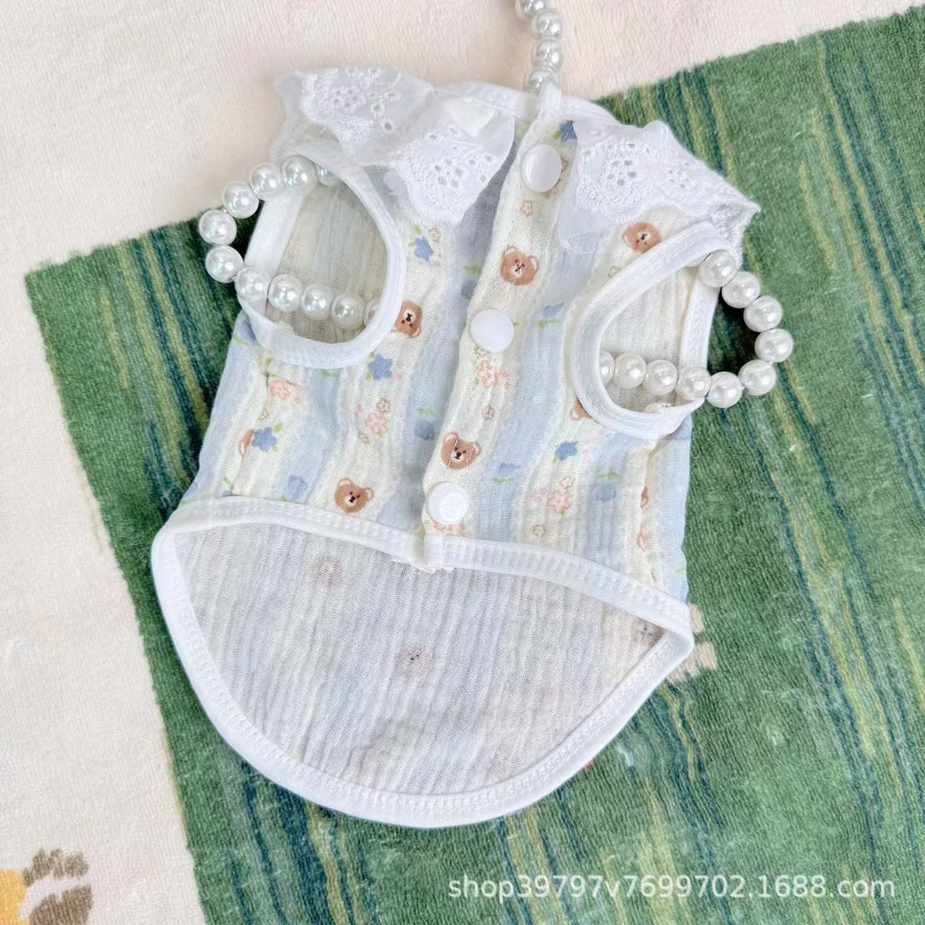 Pet clothing with lace trim, cotton vest, suitable for spring and summer; popular in Japan and South Korea; suitable for cats, bichon frisé dogs; wholesale available.