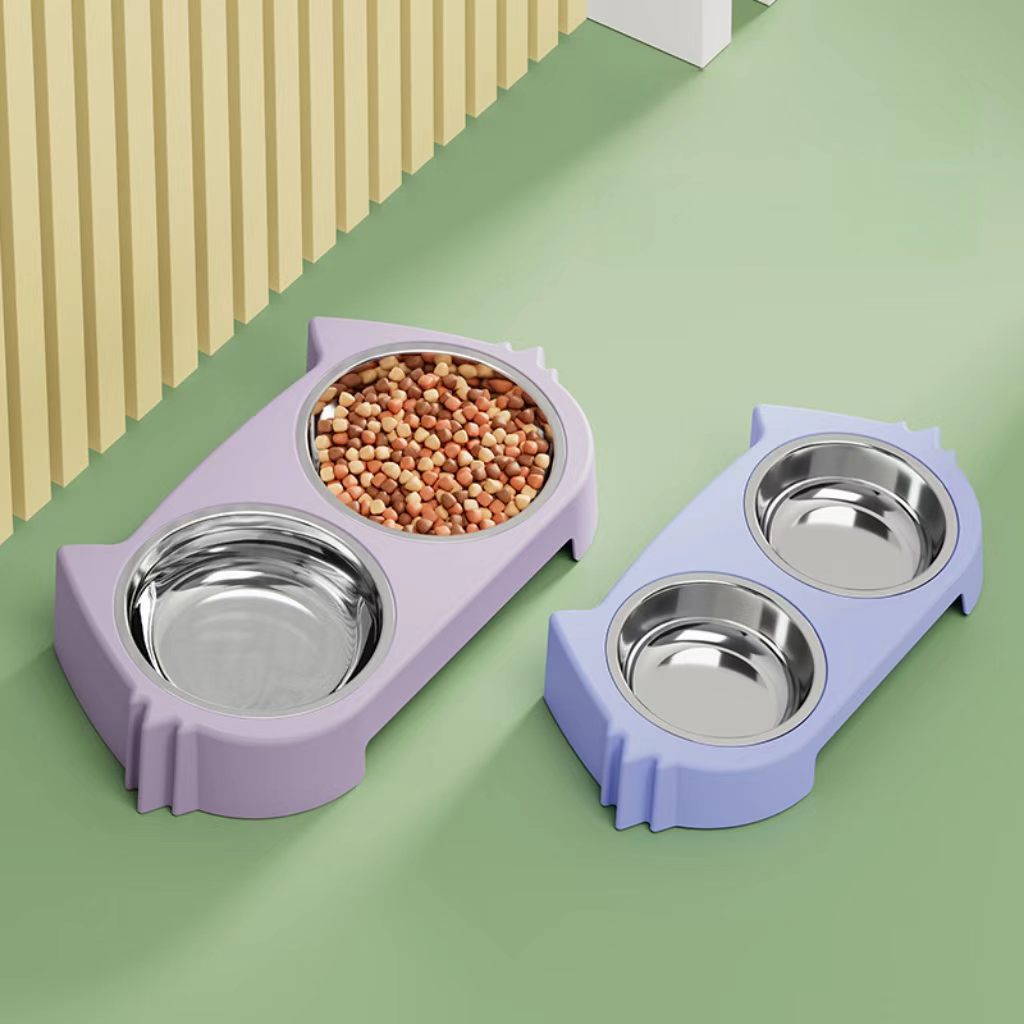 Dual-bowl cat food feeder, dog bowl, pet feeding dish – cute, non-tip, all-in-one water drinking and feeding bowl for cats, made of stainless steel.