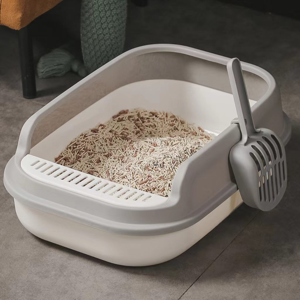 Semi-enclosed large-sized cat litter box (with enhanced thickness to prevent spillage), cat toilet, cat litter pet supplies (wholesale), cat sand tray with scoop included.