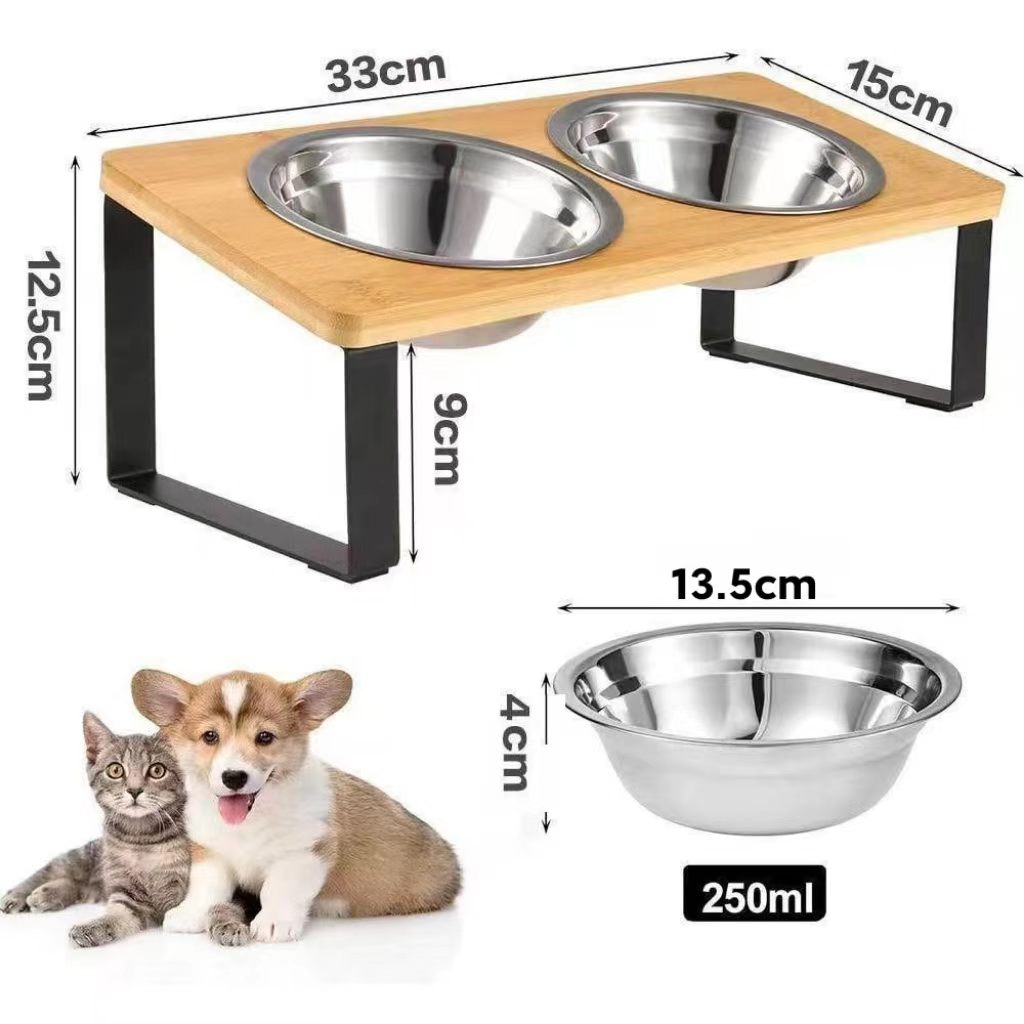 A detachable and adjustable wooden pet cat bowl stand, suitable for dogs’ bowl rack, wooden cat litter box stand, dog bowl with dual bowls, anti-toppling.