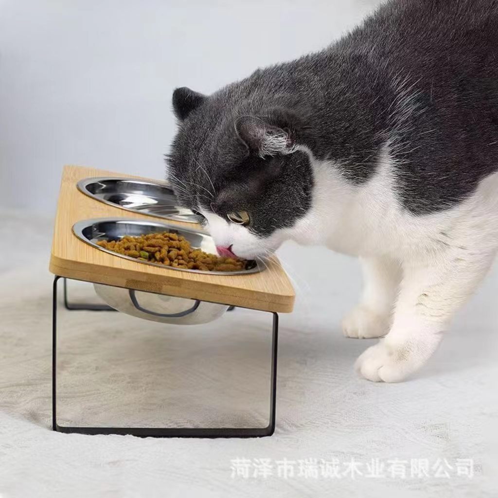 A detachable and adjustable wooden pet cat bowl stand, suitable for dogs’ bowl rack, wooden cat litter box stand, dog bowl with dual bowls, anti-toppling.