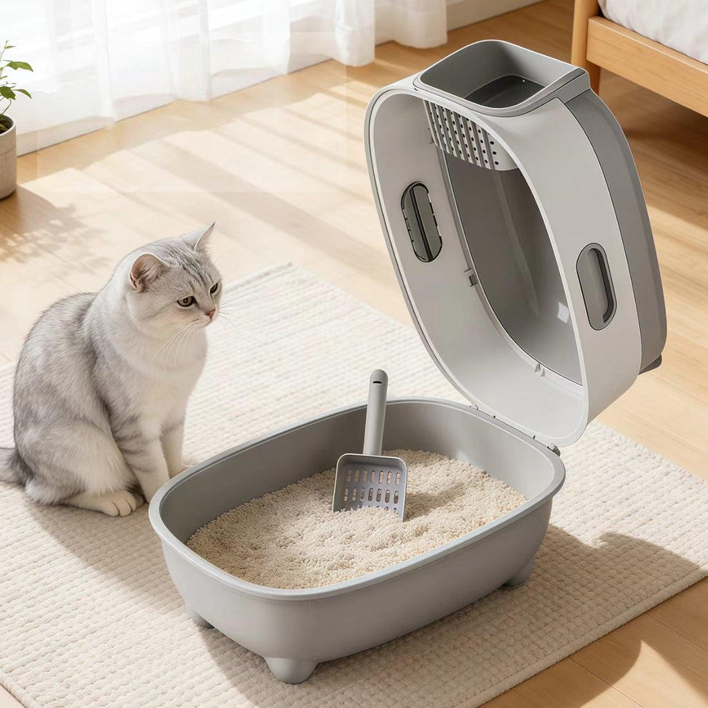 Extra-large cat litter box with UV sterilization, fully enclosed design to prevent external splashing and odor leakage – a large-sized pet cat toilet with a sealed structure.