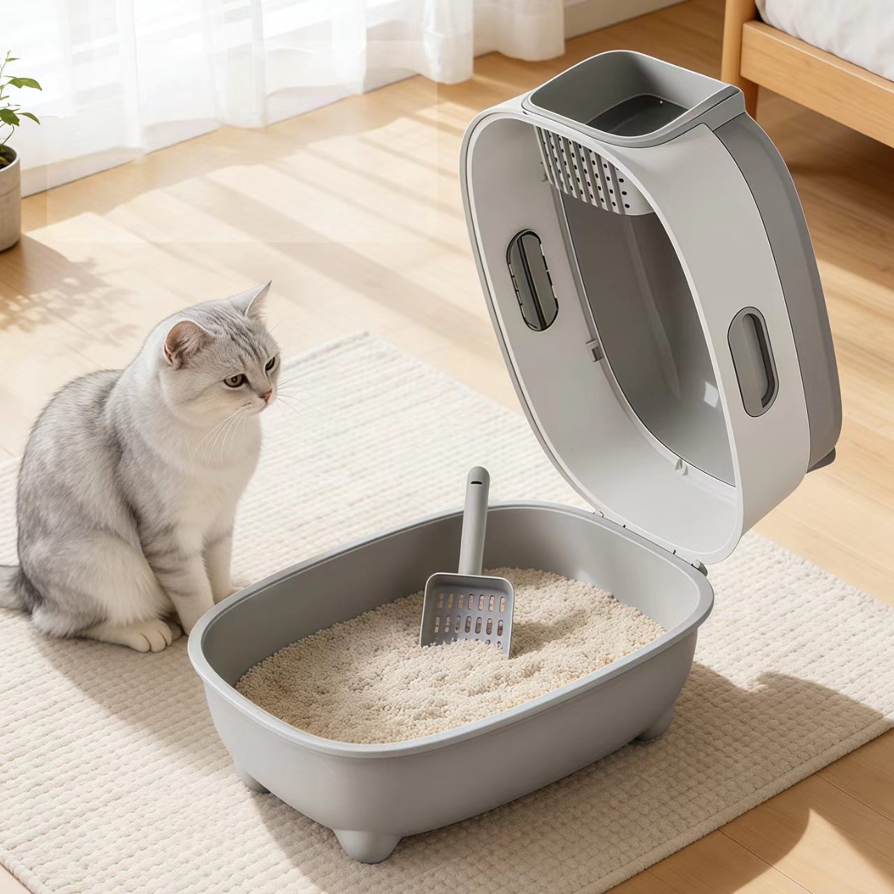Extra-large cat litter box with UV sterilization, fully enclosed design to prevent external splashing and odor leakage – a large-sized pet cat toilet with a sealed structure.