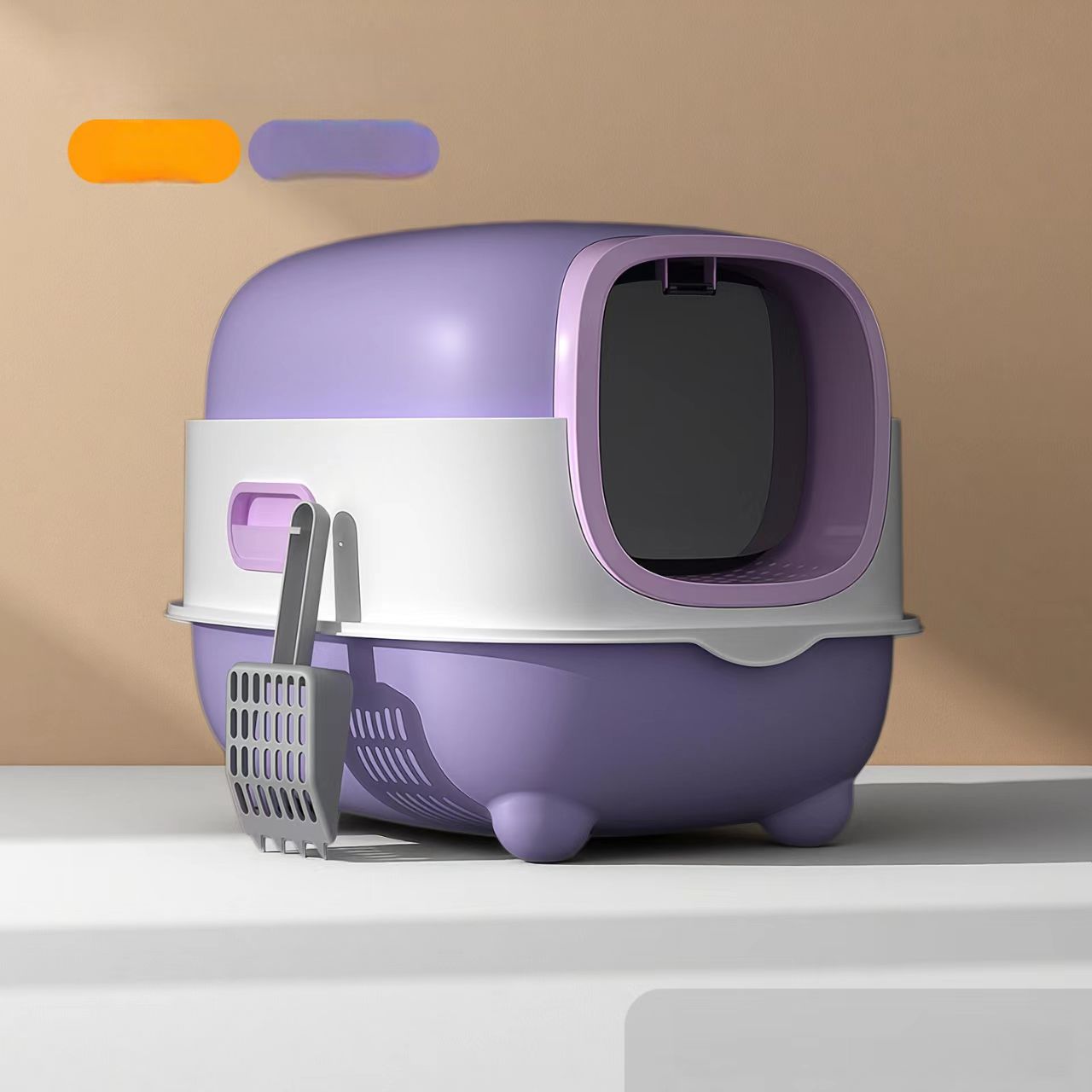 Extra-large cat litter box with UV sterilization, fully enclosed design to prevent external splashing and odor leakage – a large-sized pet cat toilet with a sealed structure.