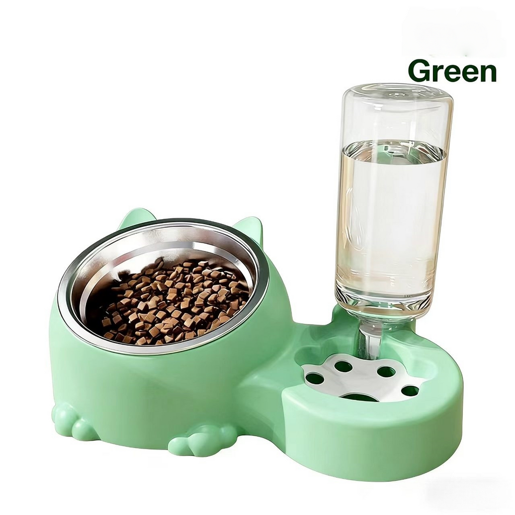Cat bowl feeder, dog bowl, pet food dish, dual bowl for cats, automatic water dispenser with anti-spill and neck protection, pet meal bowl.
