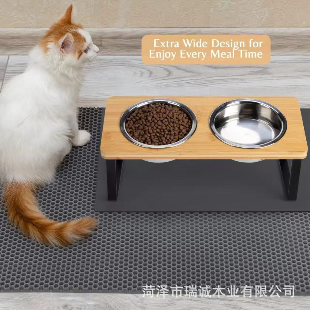 A detachable and adjustable wooden pet cat bowl stand, suitable for dogs’ bowl rack, wooden cat litter box stand, dog bowl with dual bowls, anti-toppling.