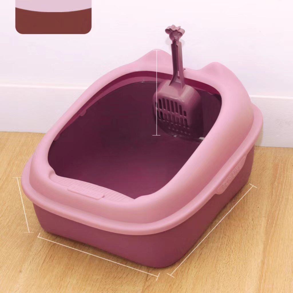 Semi-enclosed curled-tail litter box, cat toilet, pet accessory with high edges to prevent splashing, large size, comes with a litter scoop.
